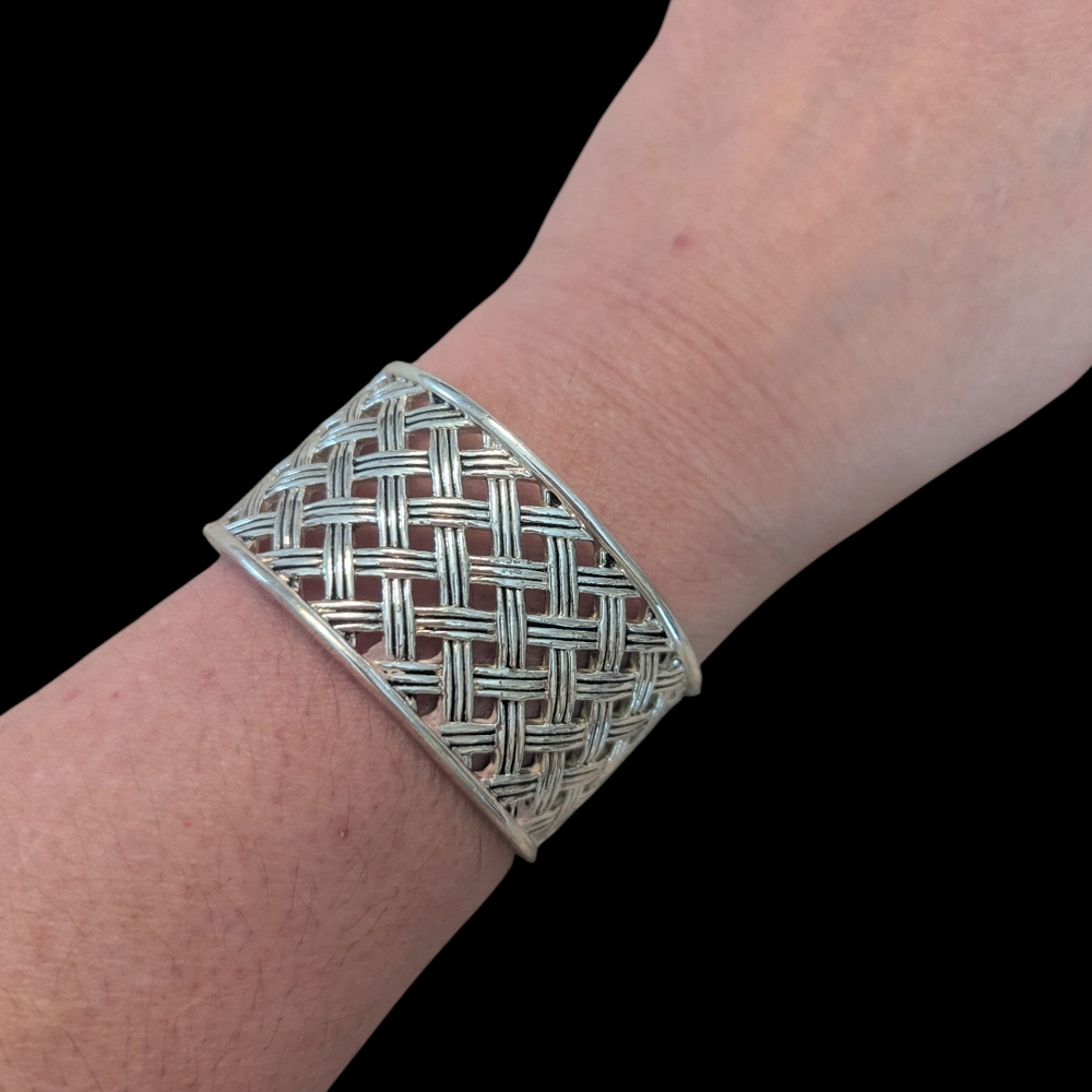 Vintage Rare Lauren Ralph Lauren RLL Signed Silver Tone Woven Wide Cuff Bracelet